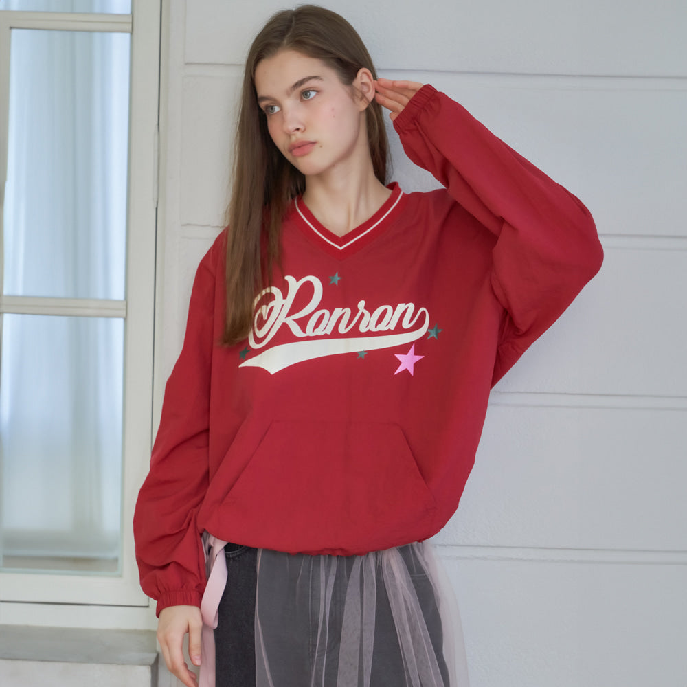 RONRON NYLON V NECK ANORAK SWEATSHIRT DEEP RED SeoulSeoul