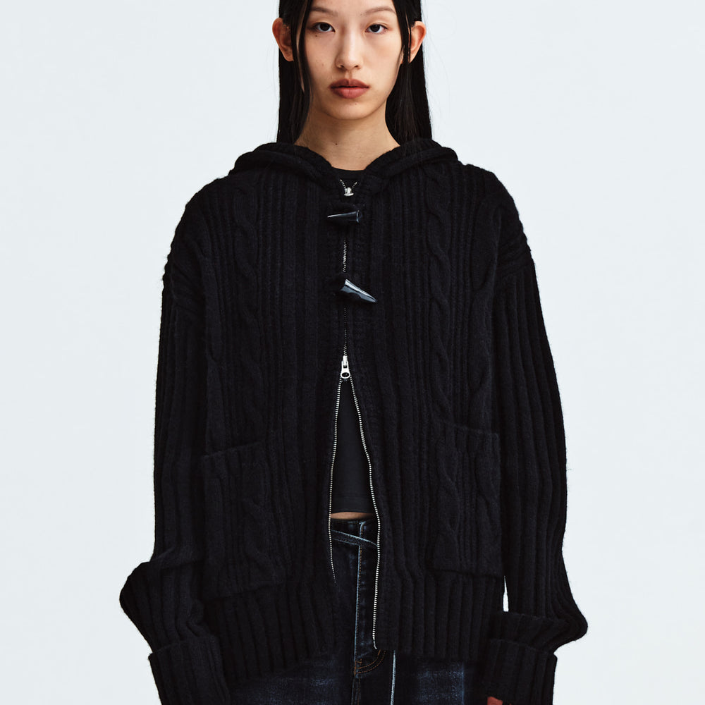 MATIN KIM CABLE KNIT HOODY TOGGLE CARDIGAN IN BLACK