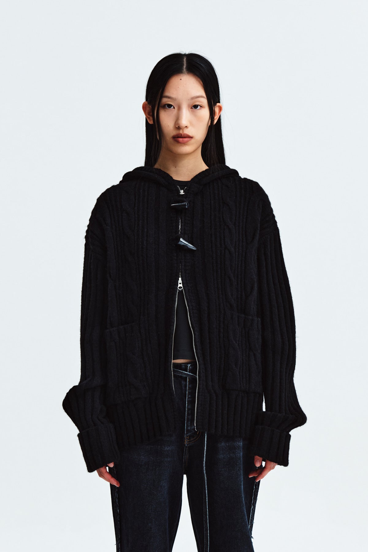 MATIN KIM CABLE KNIT HOODY TOGGLE CARDIGAN IN BLACK