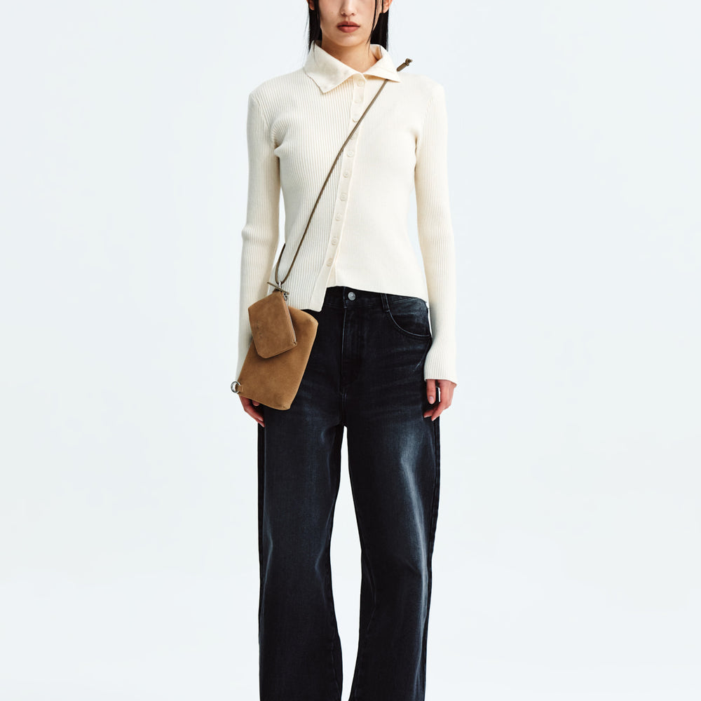 
                  
                    MATIN KIM DIAGONAL BUTTON POINT SLIM CARDIGAN IN IVORY
                  
                