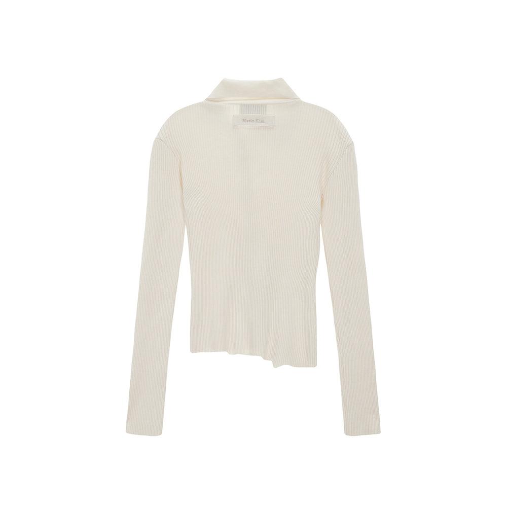 MATIN KIM DIAGONAL BUTTON POINT SLIM CARDIGAN IN IVORY