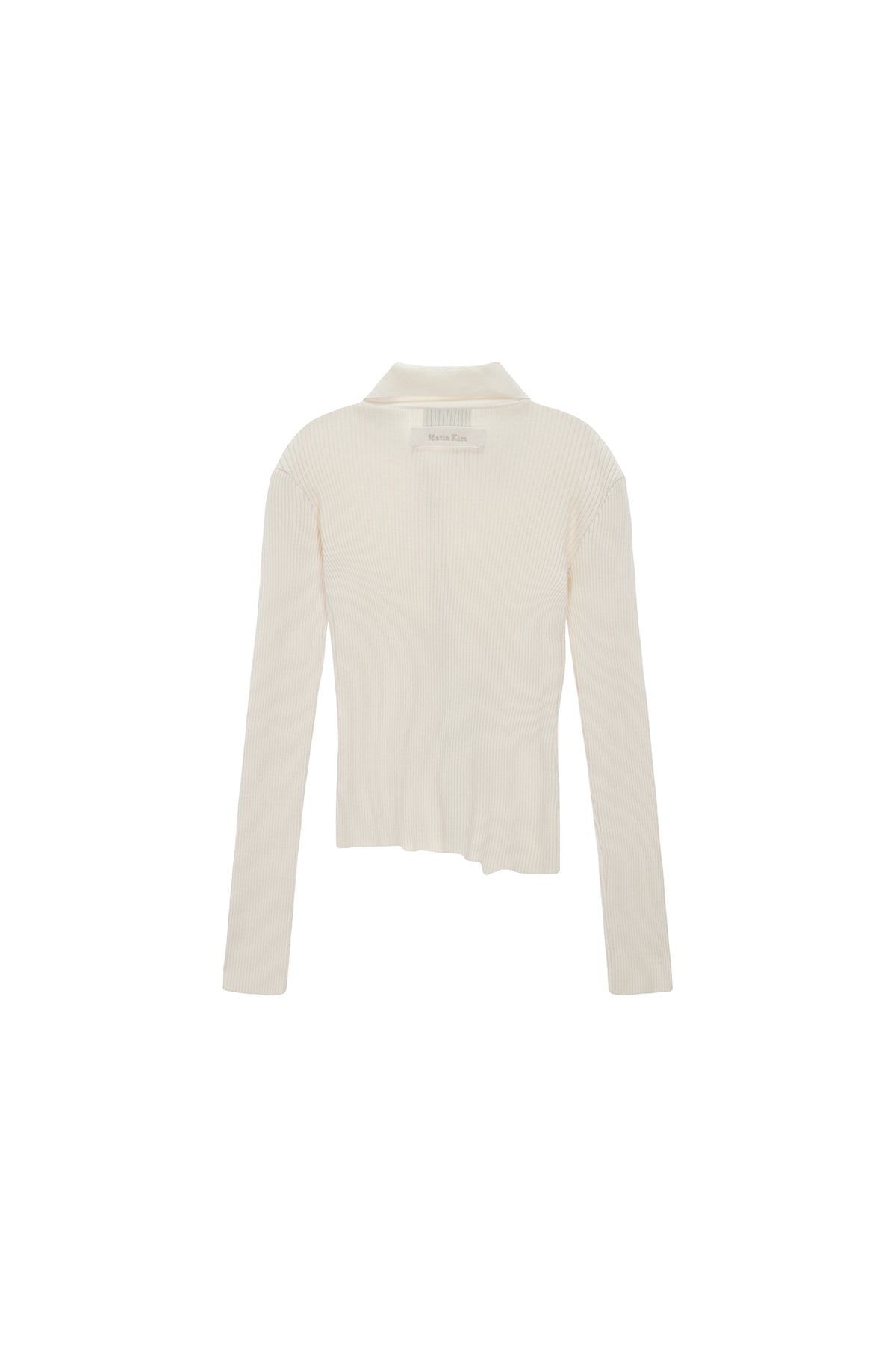 MATIN KIM DIAGONAL BUTTON POINT SLIM CARDIGAN IN IVORY