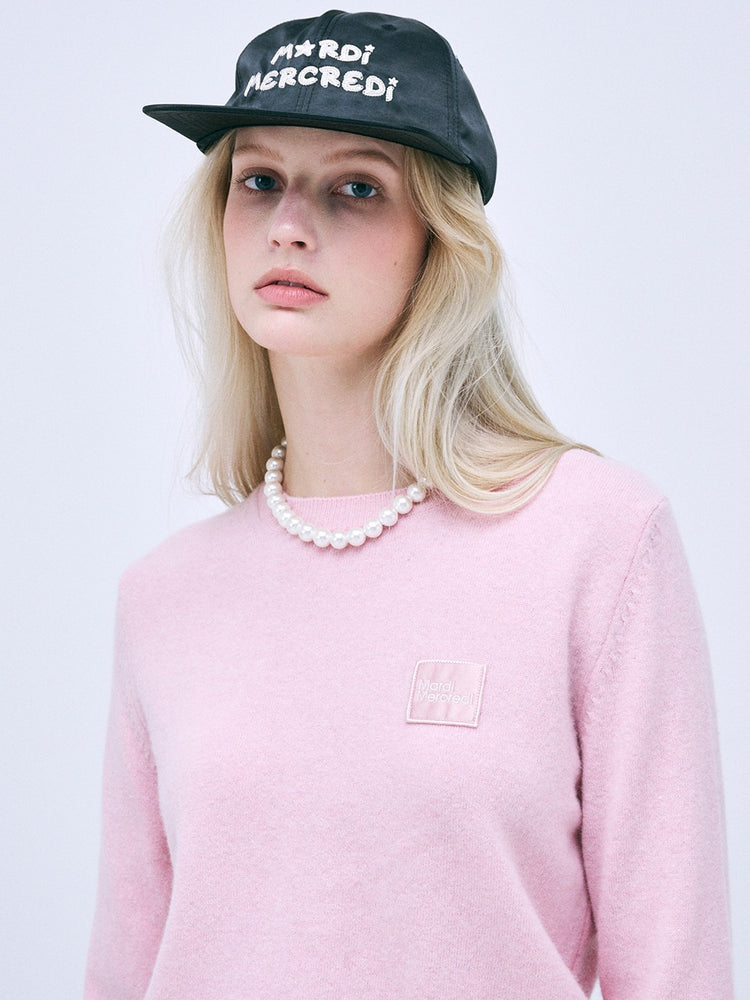 MARDI CASHMERE BLENDED ROUND NECK SQUARE LOGO_PINK