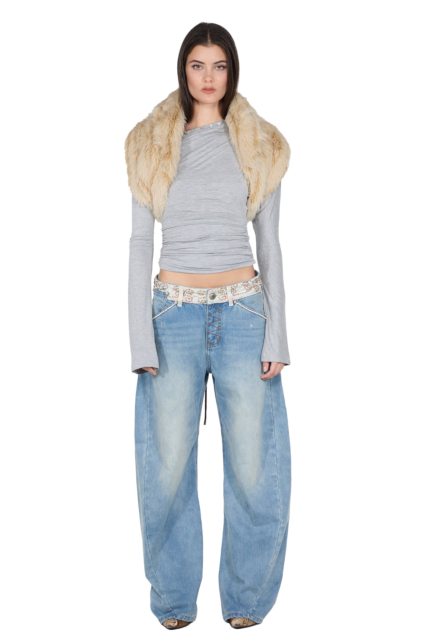 SCULPTOR Beaded Waist Denim Pants Mid Blue