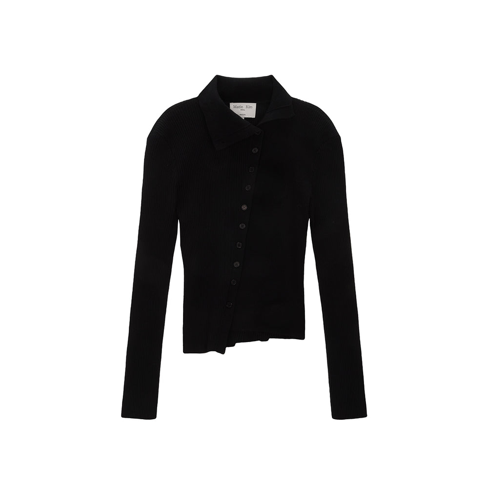 MATIN KIM DIAGONAL BUTTON POINT SLIM CARDIGAN IN BLACK