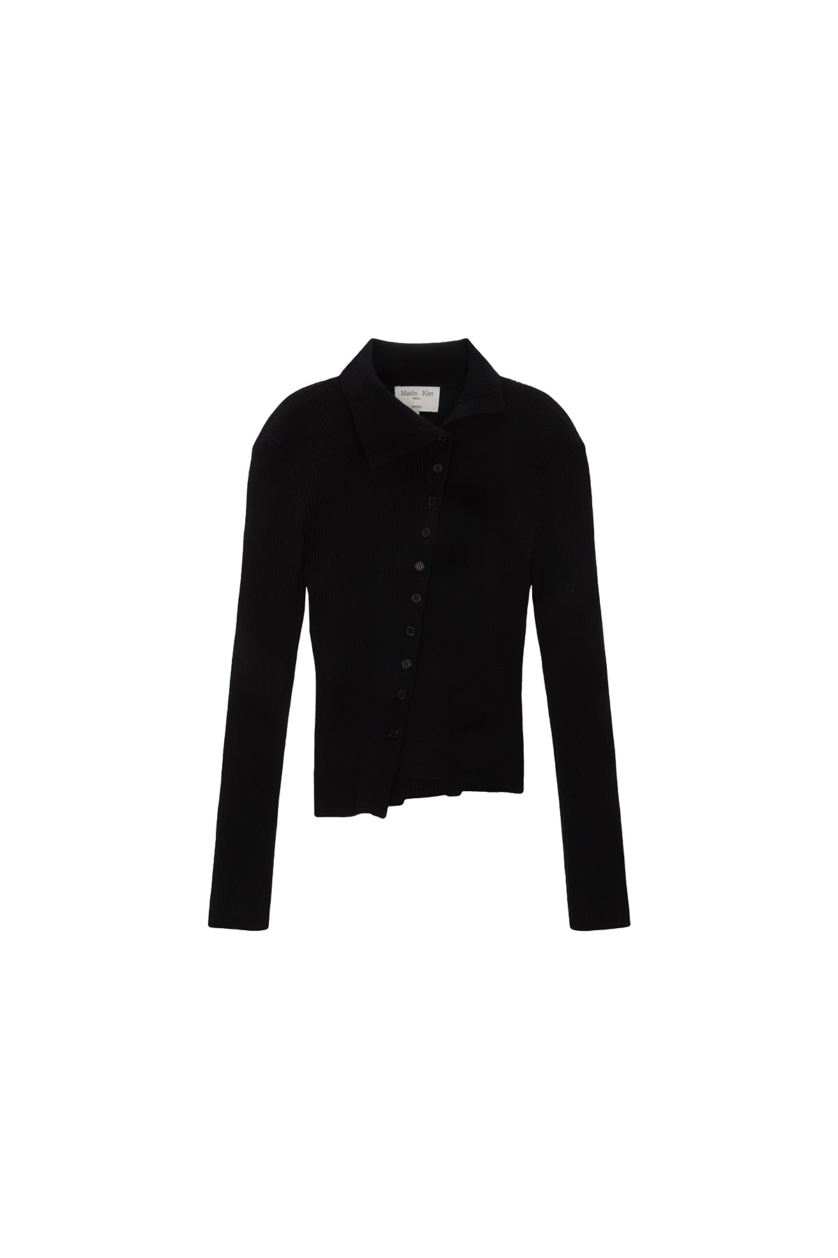 MATIN KIM DIAGONAL BUTTON POINT SLIM CARDIGAN IN BLACK