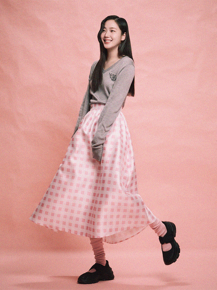 MARDI VOLUME MAXI SKIRT MICADO GINGHAM PLAID_PINK