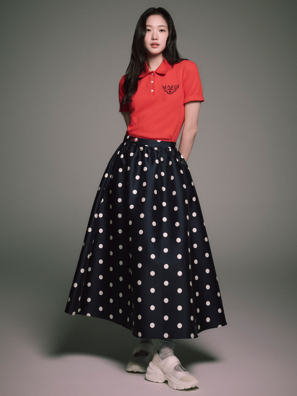 MARDI VOLUME MAXI SKIRT CRAPE DOT_NAVY RED