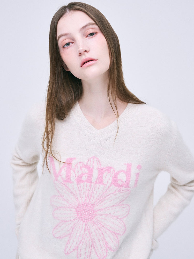 MARDI RACCOON BLENDED V NECK FLOWERMARDI_IVORY PINK