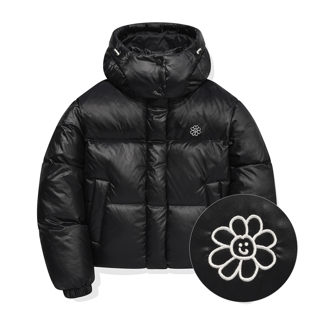 Glossy Short Hooded down Jacket Black