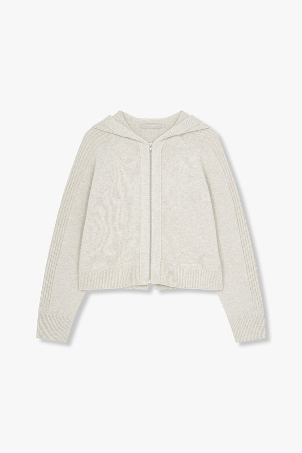 VOV Raccoon Wool Zip-Up Hooded Cardigan Ivory