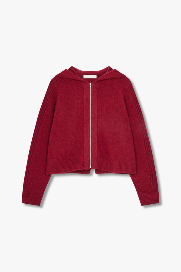 VOV Raccoon Wool Zip-Up Hooded Cardigan Burgundy