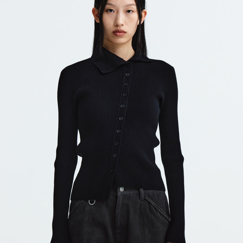 MATIN KIM DIAGONAL BUTTON POINT SLIM CARDIGAN IN BLACK