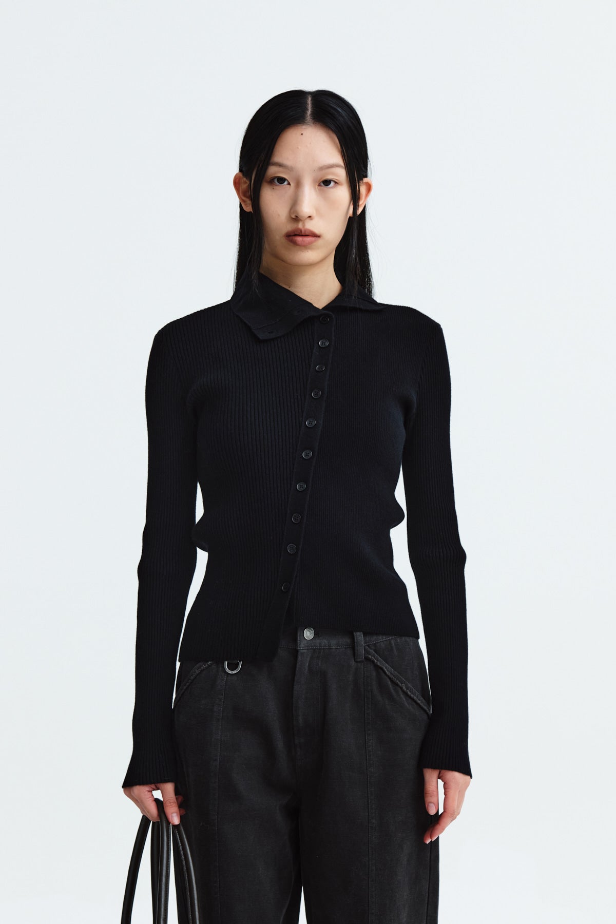 MATIN KIM DIAGONAL BUTTON POINT SLIM CARDIGAN IN BLACK