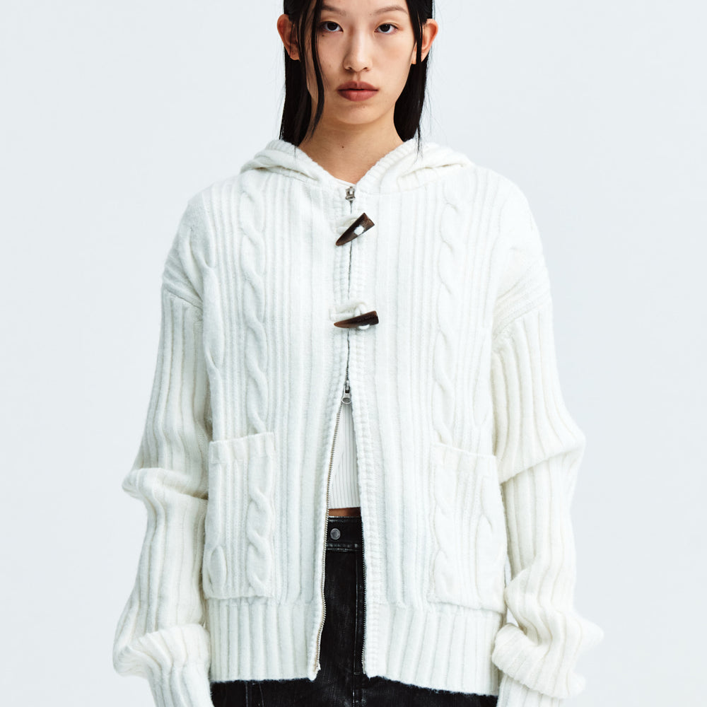 MATIN KIM CABLE KNIT HOODY TOGGLE CARDIGAN IN IVORY