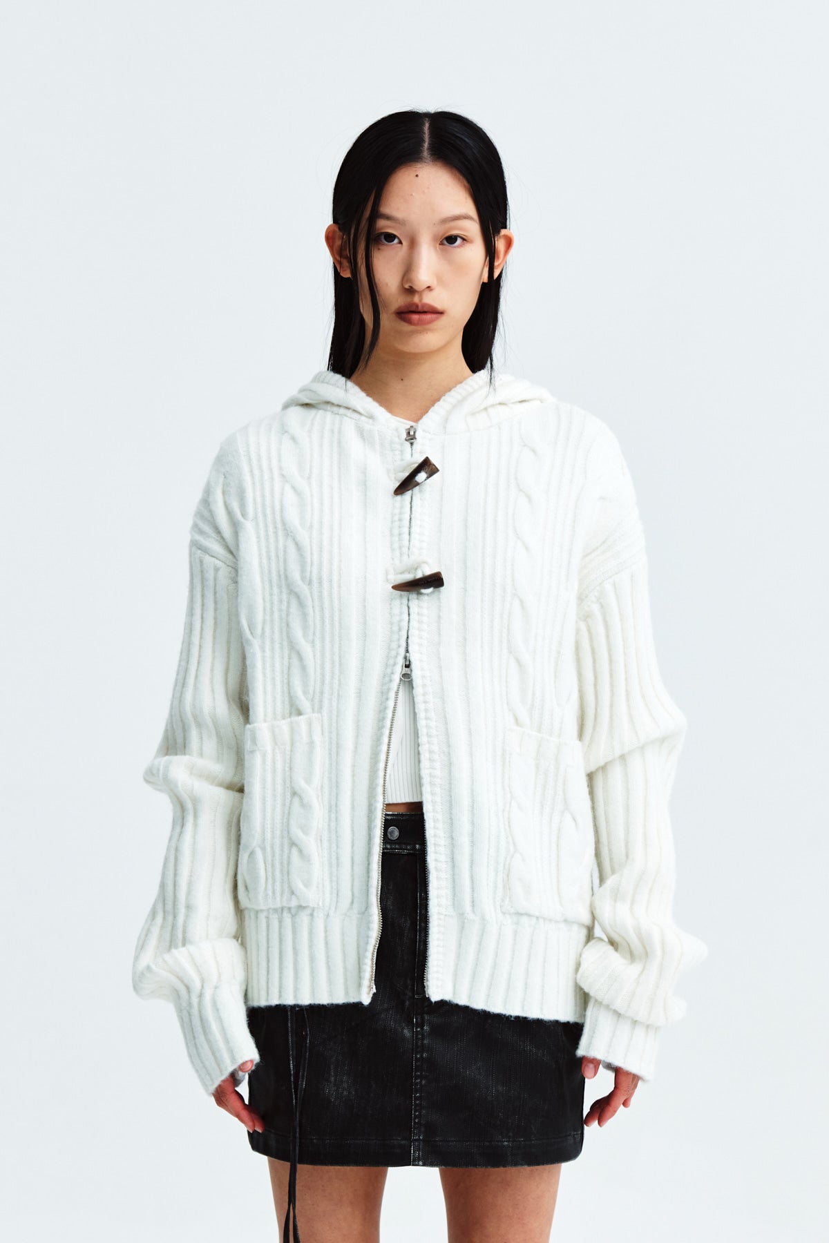 MATIN KIM CABLE KNIT HOODY TOGGLE CARDIGAN IN IVORY