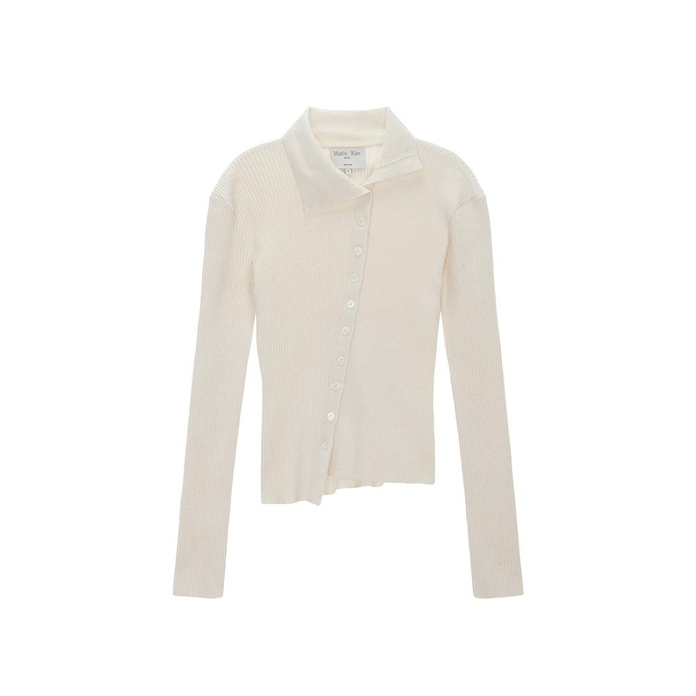 MATIN KIM DIAGONAL BUTTON POINT SLIM CARDIGAN IN IVORY