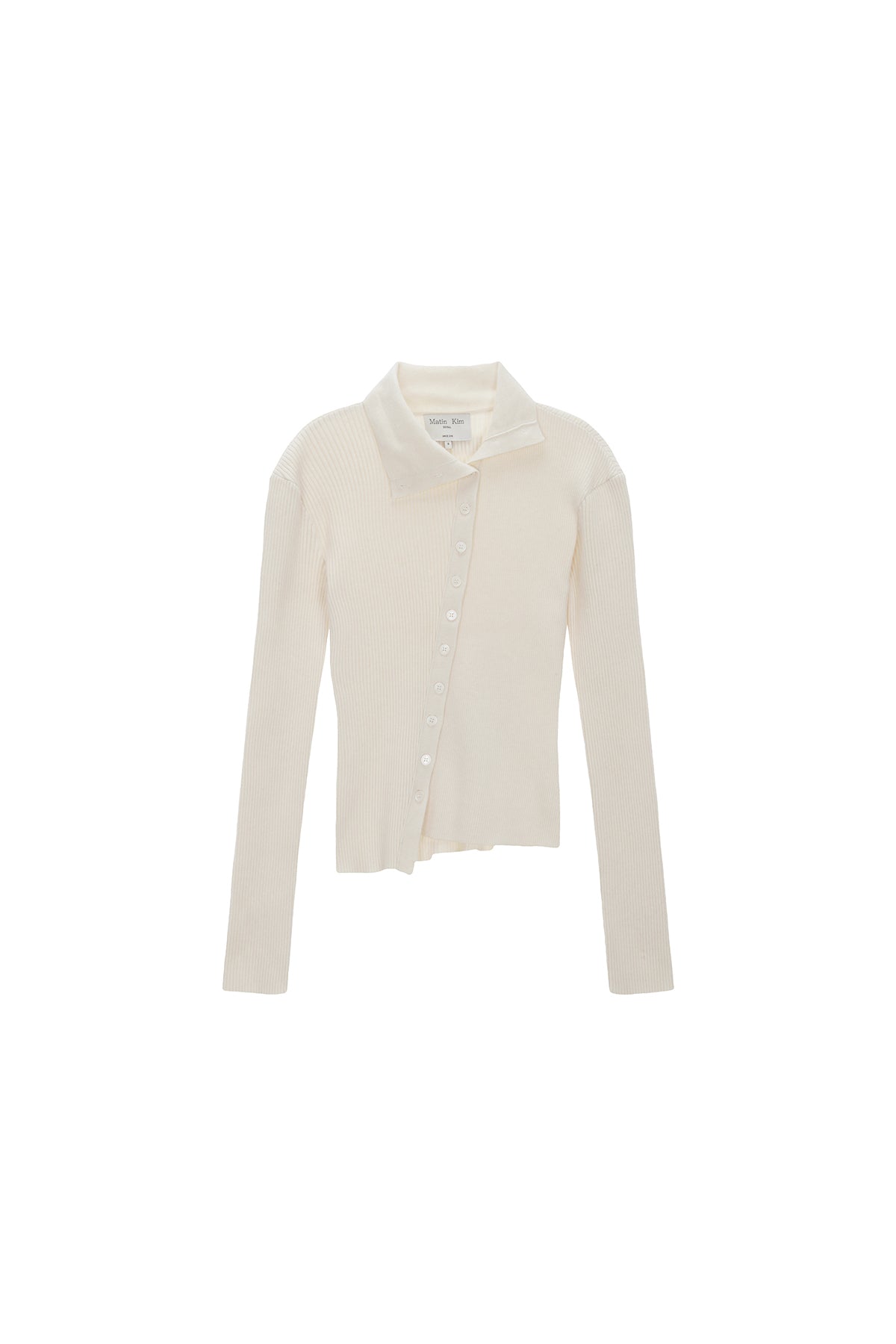 MATIN KIM DIAGONAL BUTTON POINT SLIM CARDIGAN IN IVORY