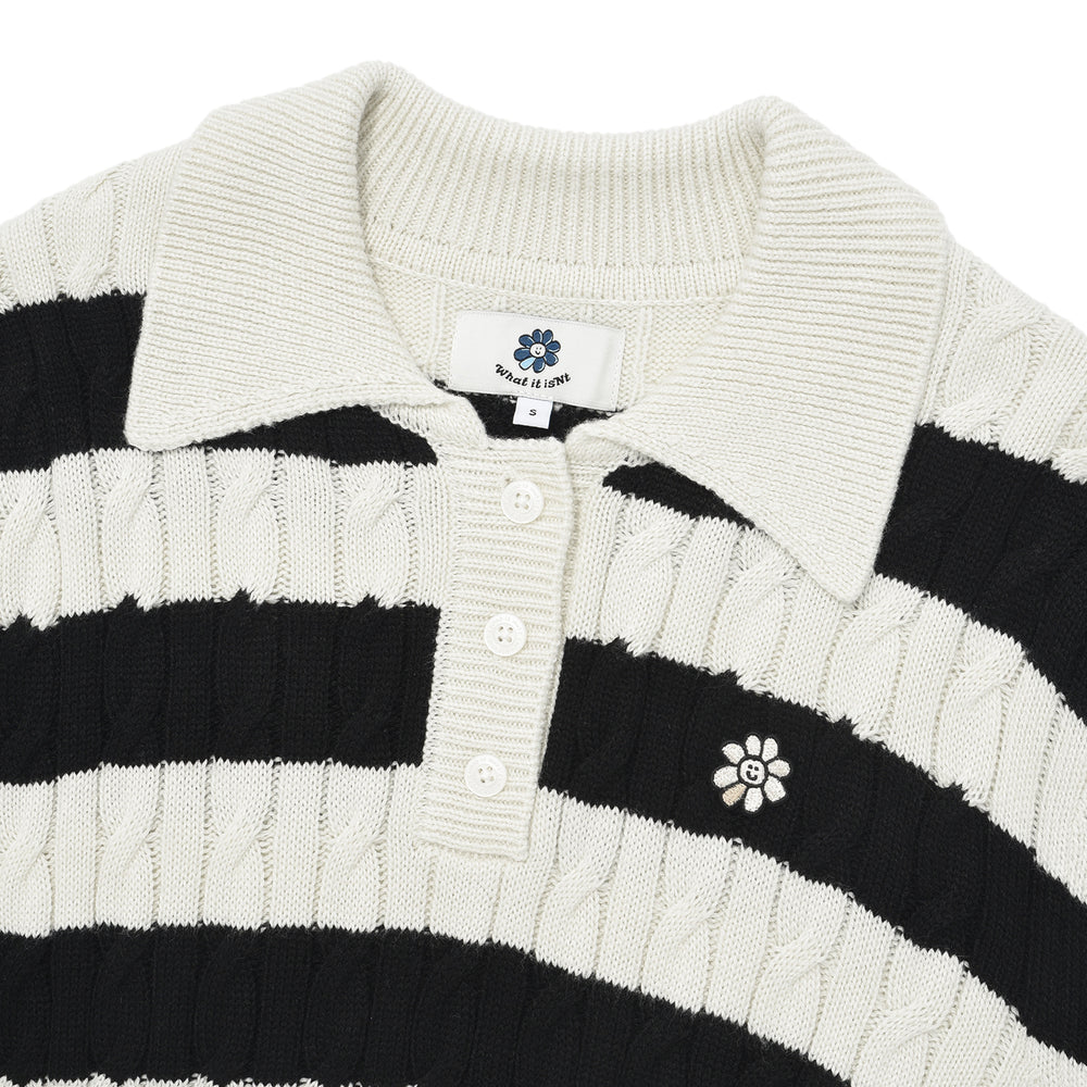 
                  
                    Floriwapen Cable Button Up Collar Knit Black Stripe
                  
                