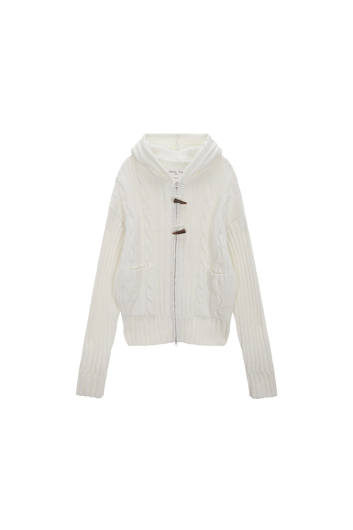 MATIN KIM CABLE KNIT HOODY TOGGLE CARDIGAN IN IVORY