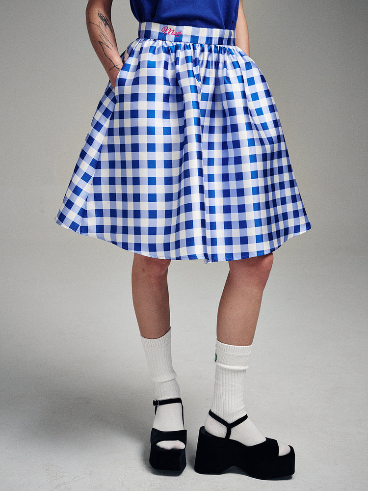 MARDI VOLUME MIDI SKIRT MICADO GINGHAM PLAID_BLUE