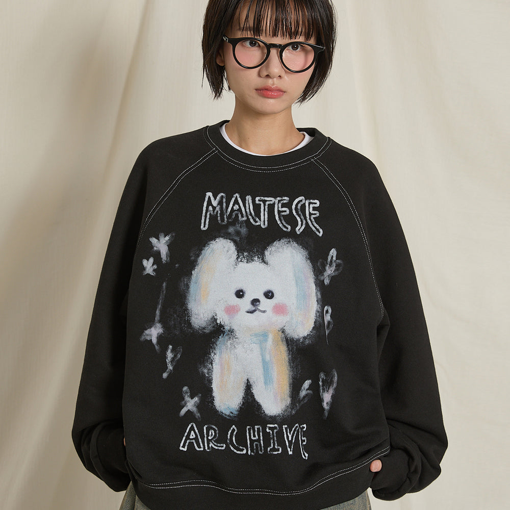 WAIKEI Oil Painting Maltese Raglan Sweatshirt Black