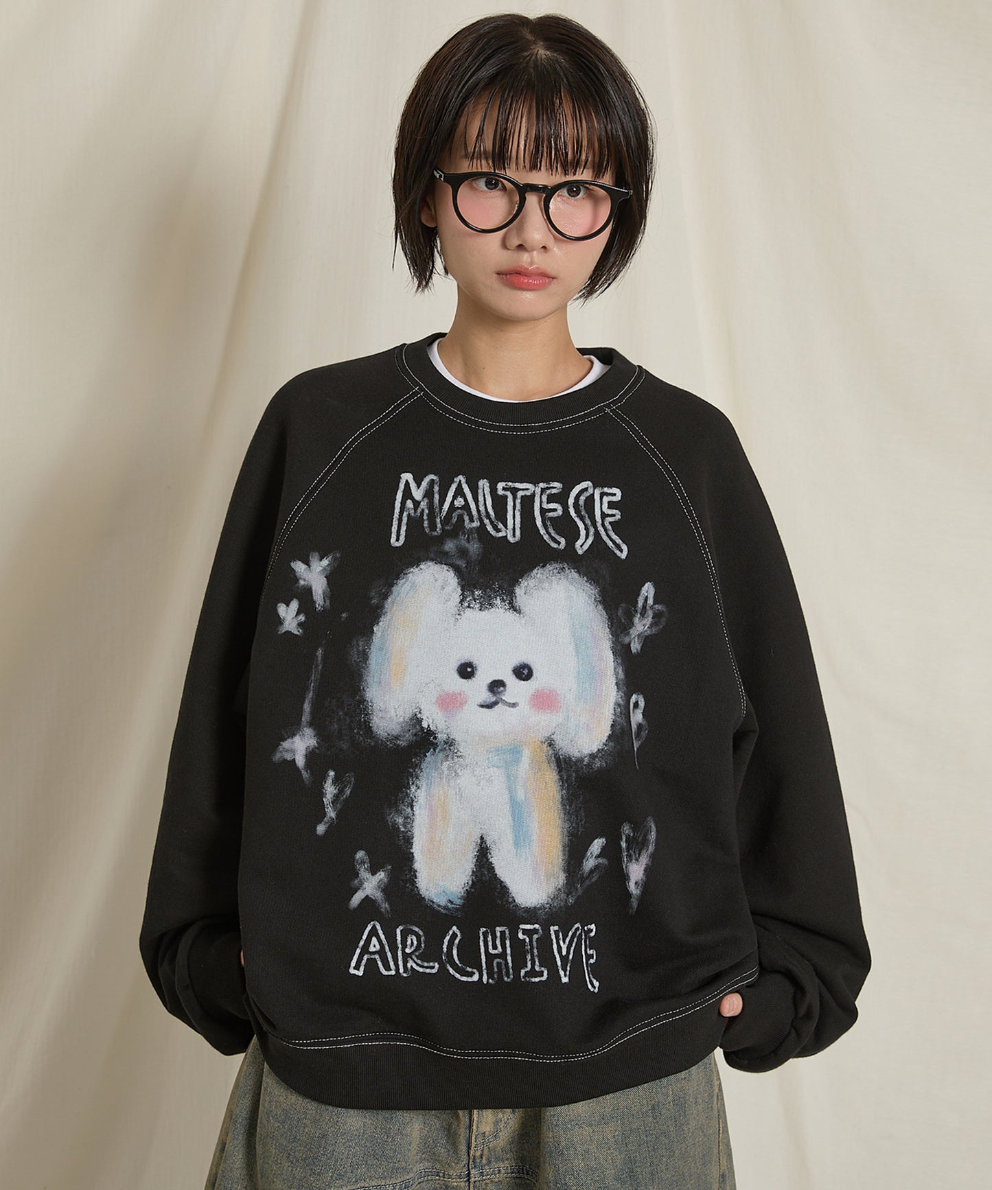 WAIKEI Oil Painting Maltese Raglan Sweatshirt Black