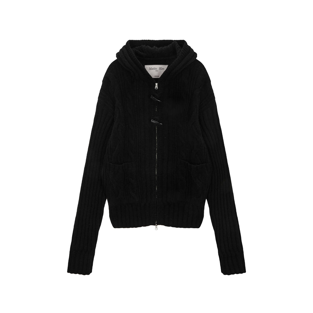 MATIN KIM CABLE KNIT HOODY TOGGLE CARDIGAN IN BLACK