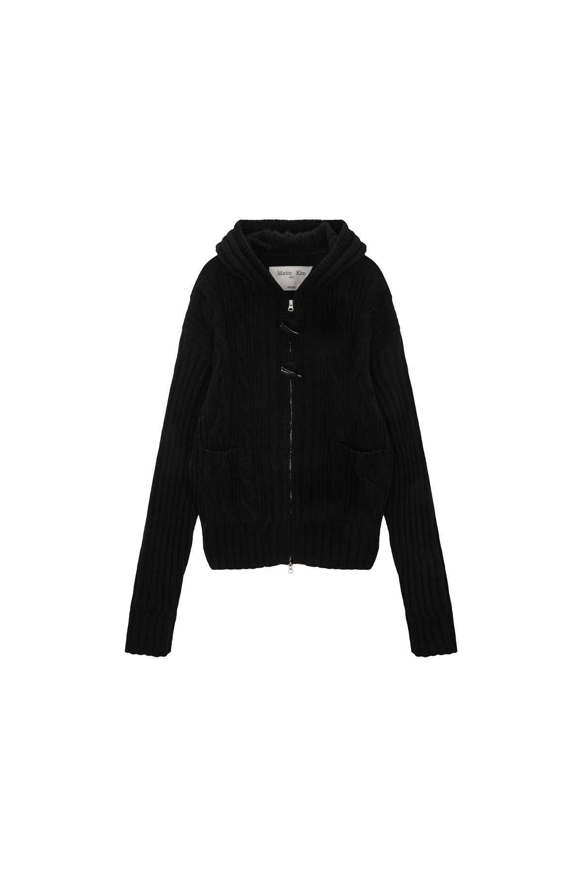 MATIN KIM CABLE KNIT HOODY TOGGLE CARDIGAN IN BLACK