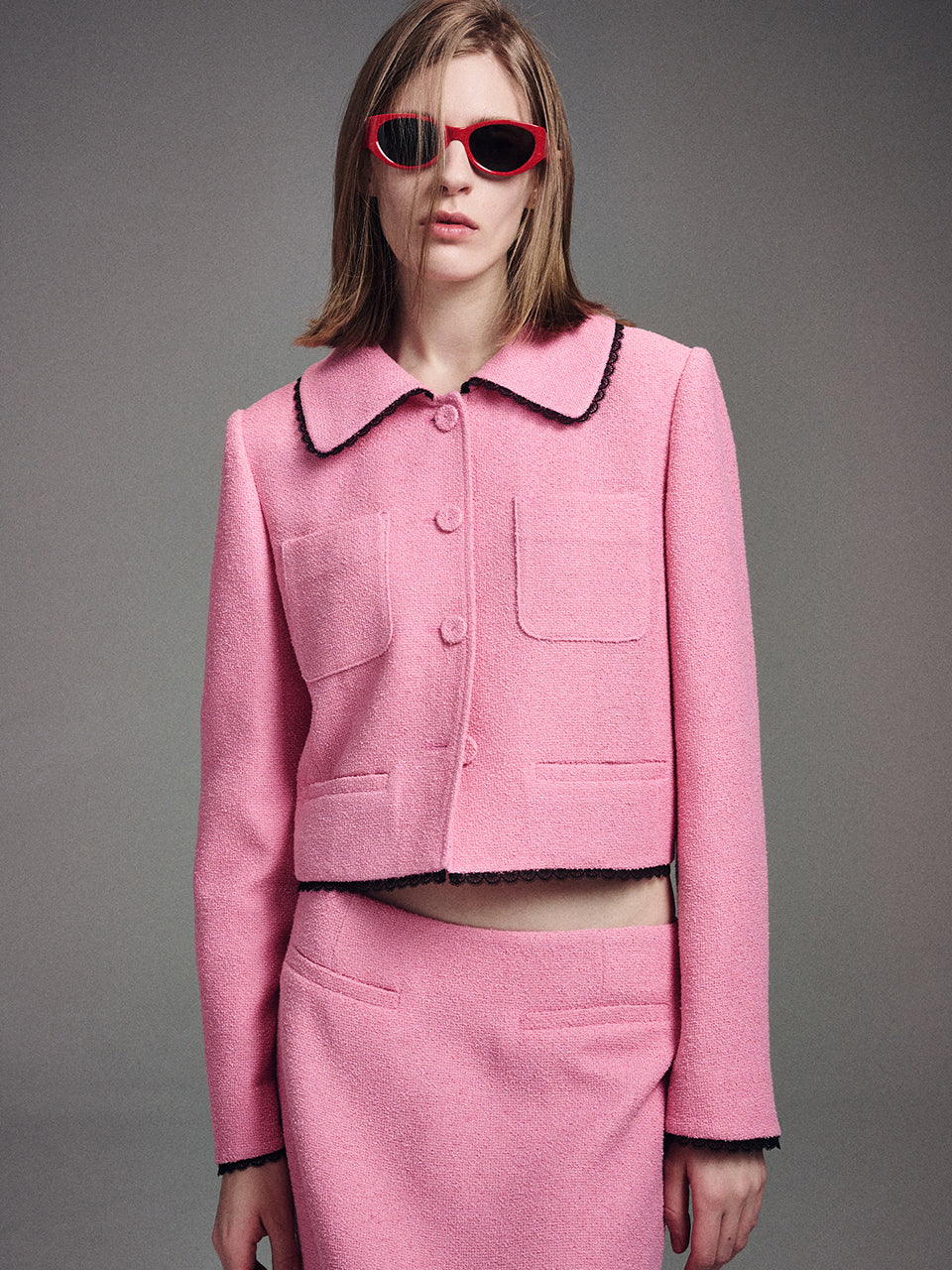 MARDI SPRING TWEED CROPPED JACKET LACE_PINK