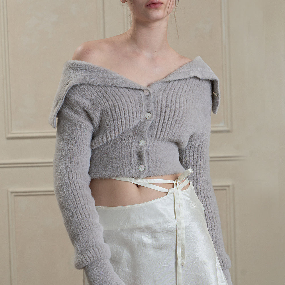 
                      
                        PAIN OR PLEASURE PETAL OFF-SHOULDER CARDIGAN GREY
                      
                    