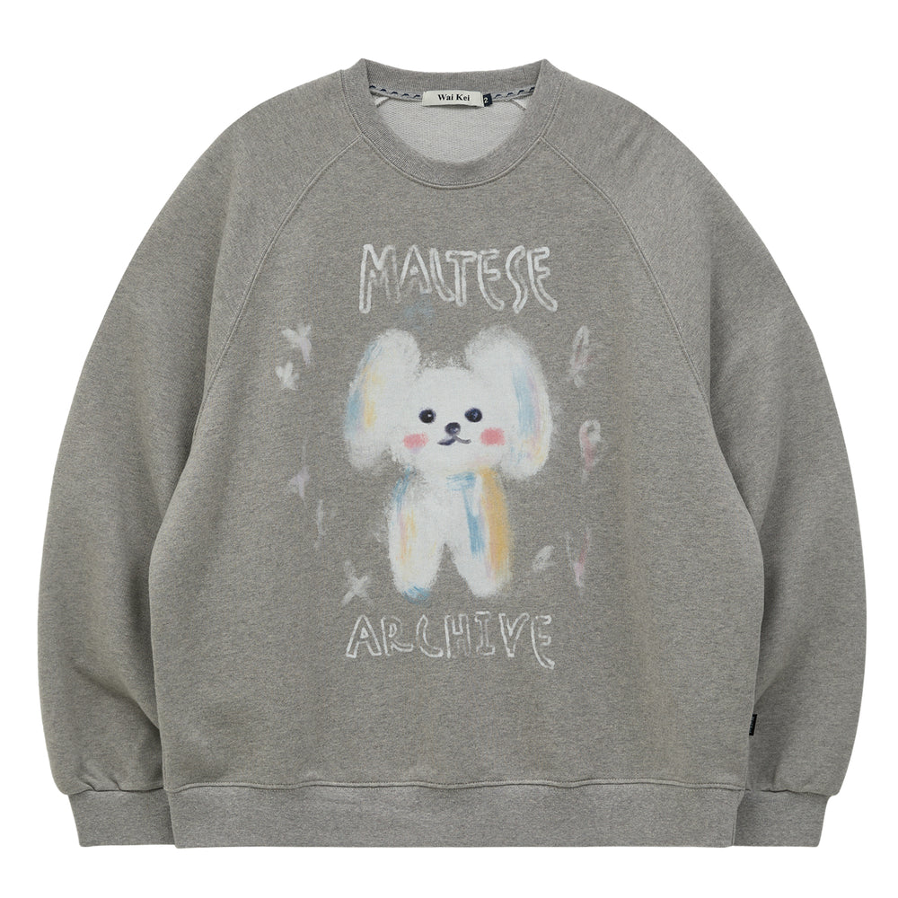 WAIKEI Oil Painting Maltese Raglan Sweatshirt Grey