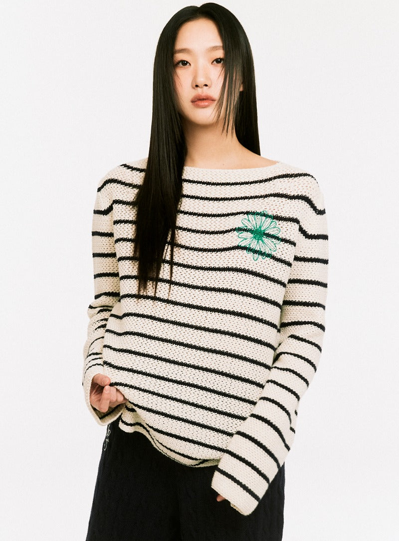 MARDI COTTON PULLOVER LONG SLEEVE STRIPE_IVORY GREEN