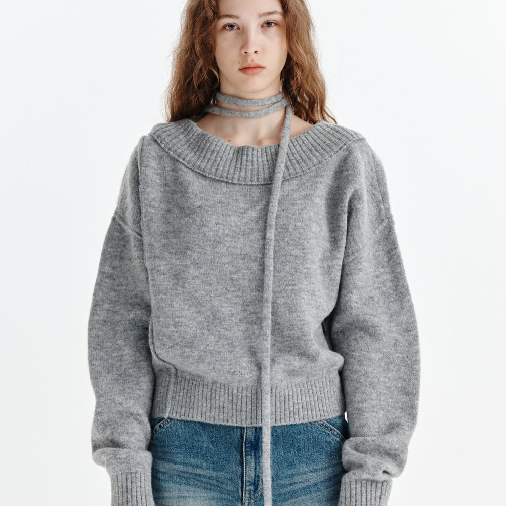 MATIN KIM OFF SHOULDER STRING KNIT PULLOVER IN GREY