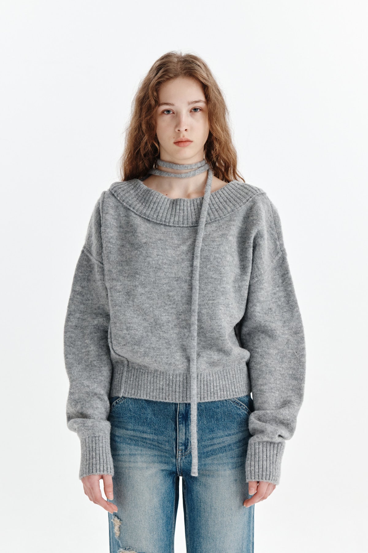 MATIN KIM OFF SHOULDER STRING KNIT PULLOVER IN GREY