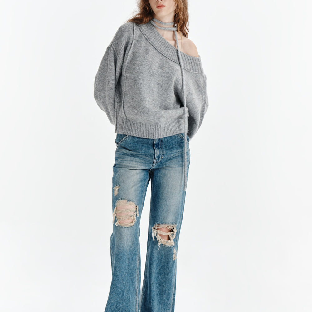 
                  
                    MATIN KIM OFF SHOULDER STRING KNIT PULLOVER IN GREY
                  
                