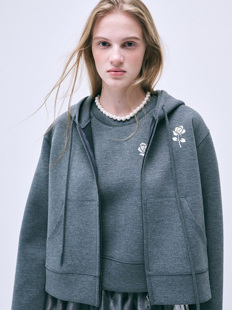 MARDI NEOPRENE CROPPED HOODY ZIP UP UNE ROSE_CHARCOAL IVORY