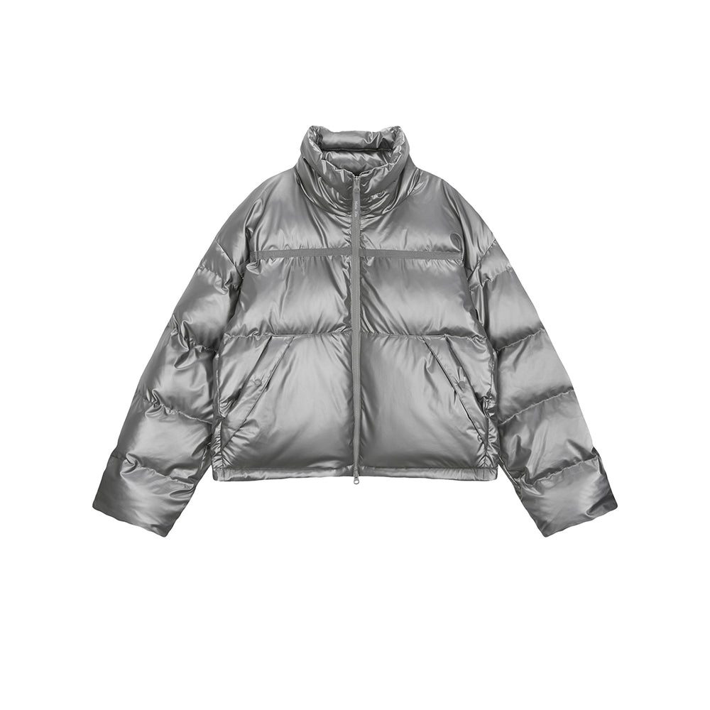 MATIN KIM LOGO TAPING PUFFER DOWN JUMPER FOR MEN IN SILVER