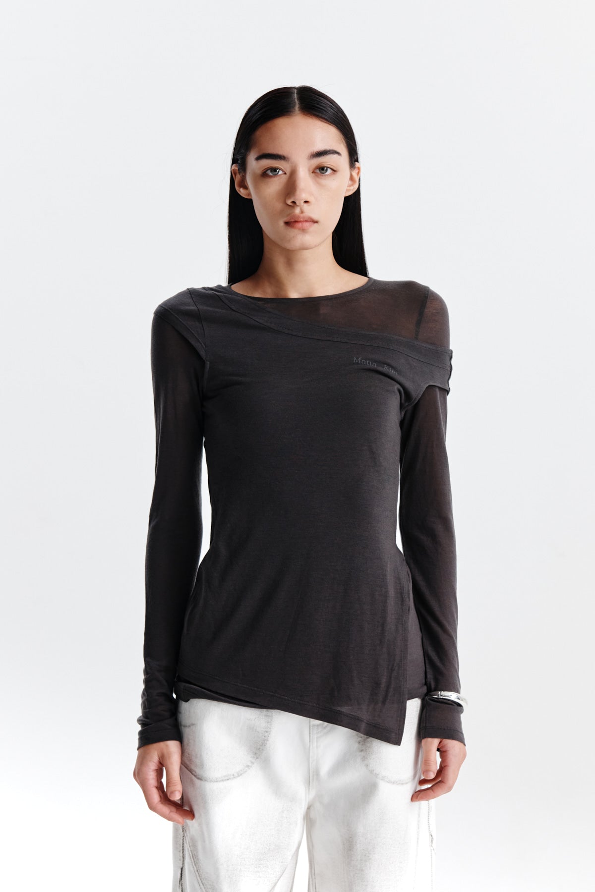 MATIN KIM SLIT POINT SLEEVELESS LAYERED TOP IN CHARCOAL