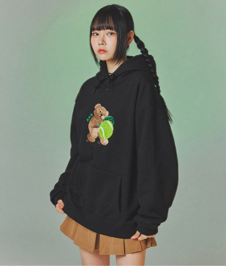 【IN STOCK】AMBLER Tennis Bear Over Fit Hoodie Black