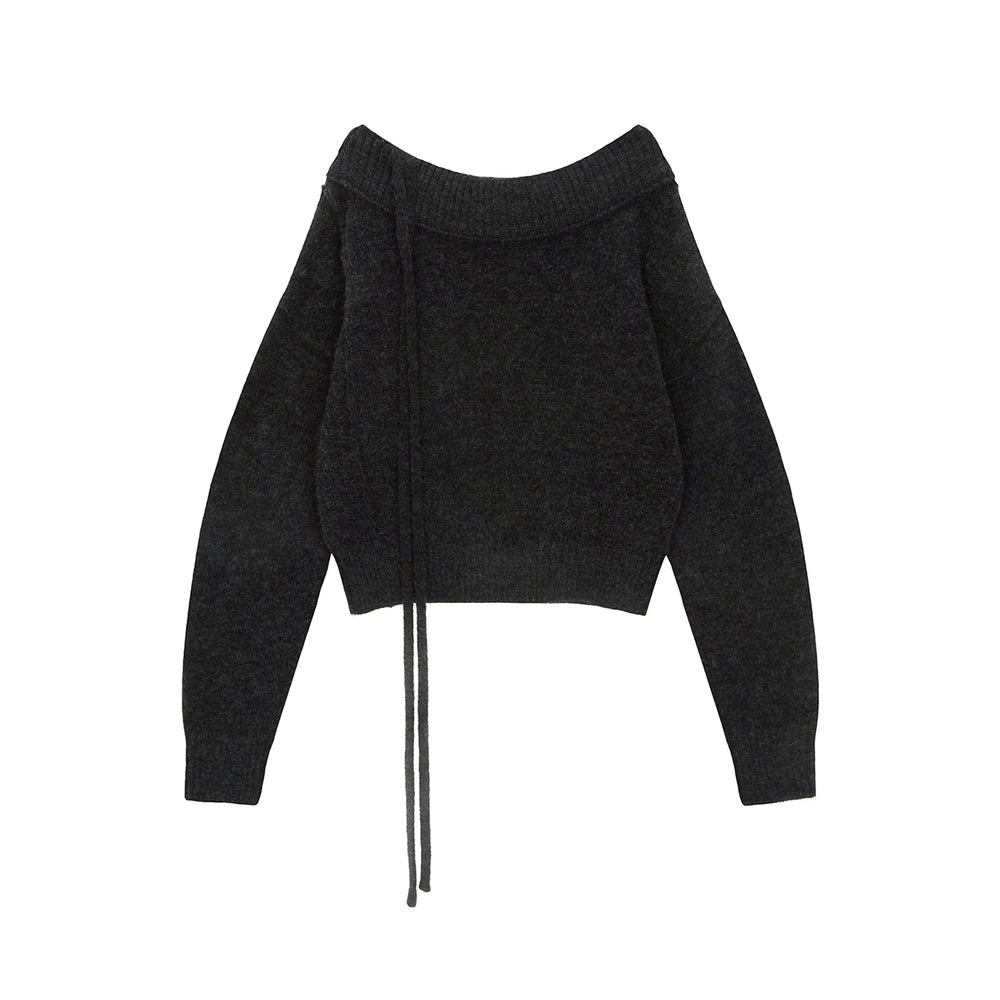 MATIN KIM OFF SHOULDER STRING KNIT PULLOVER IN CHARCOAL