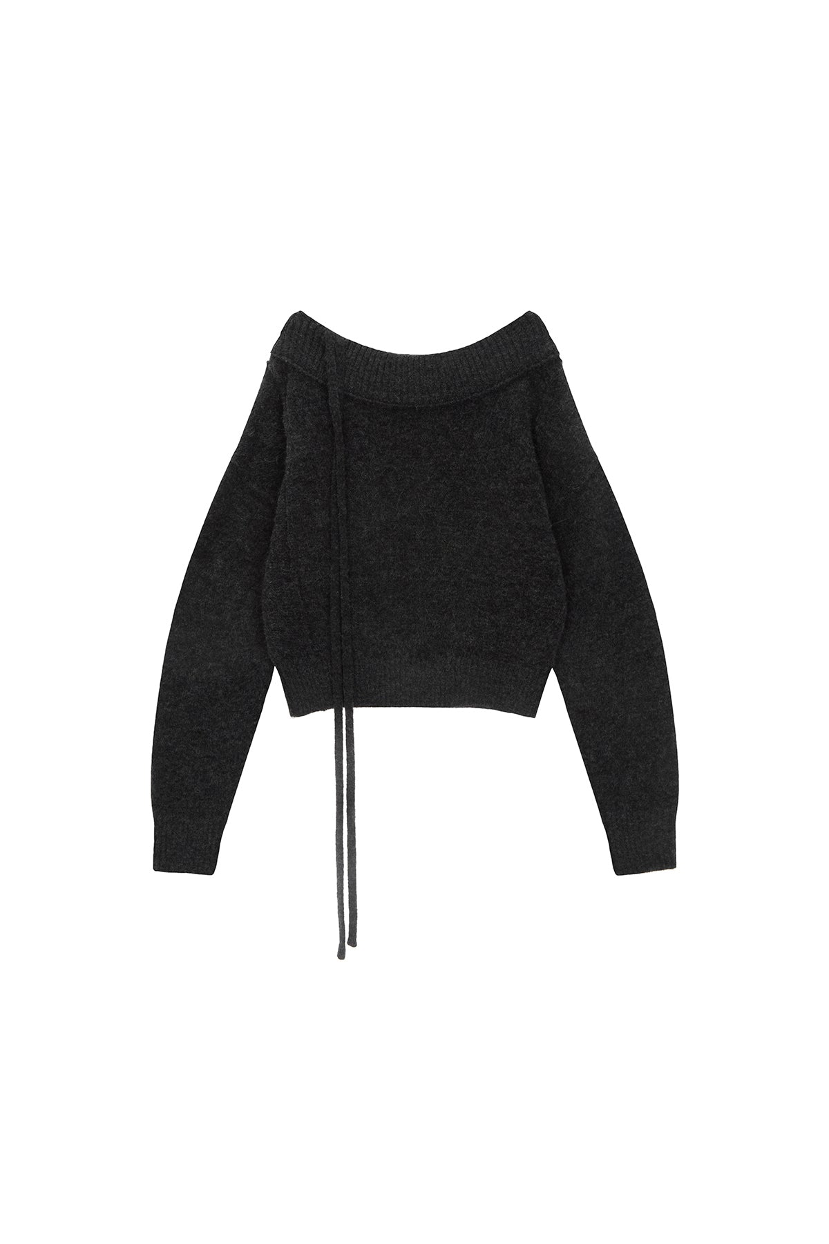 MATIN KIM OFF SHOULDER STRING KNIT PULLOVER IN CHARCOAL