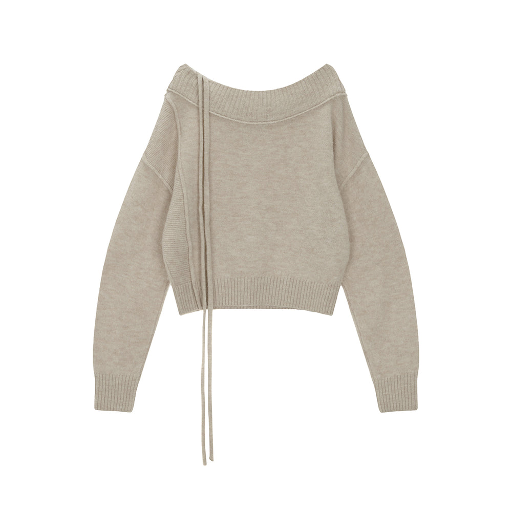 MATIN KIM OFF SHOULDER STRING KNIT PULLOVER IN BEIGE