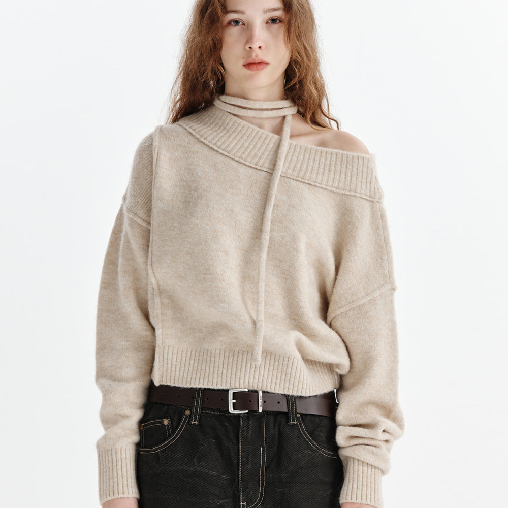 MATIN KIM OFF SHOULDER STRING KNIT PULLOVER IN BEIGE