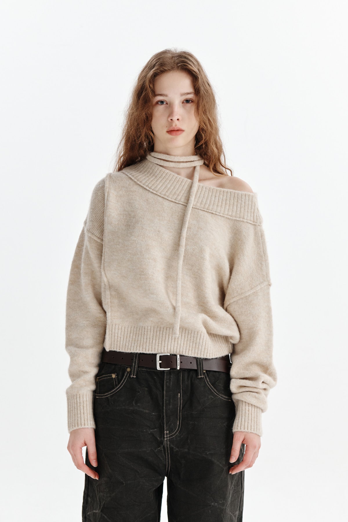 MATIN KIM OFF SHOULDER STRING KNIT PULLOVER IN BEIGE