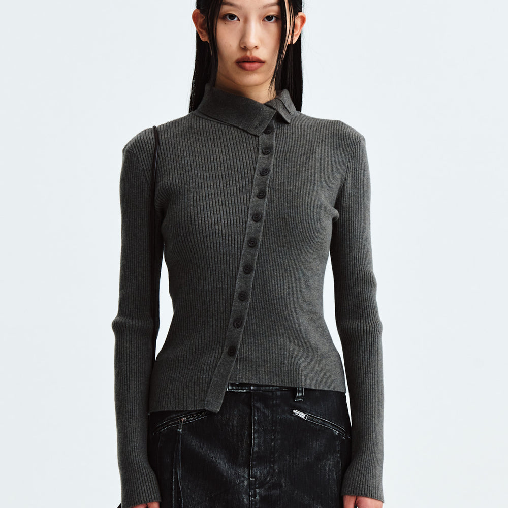 
                  
                    MATIN KIM DIAGONAL BUTTON POINT SLIM CARDIGAN IN CHARCOAL
                  
                