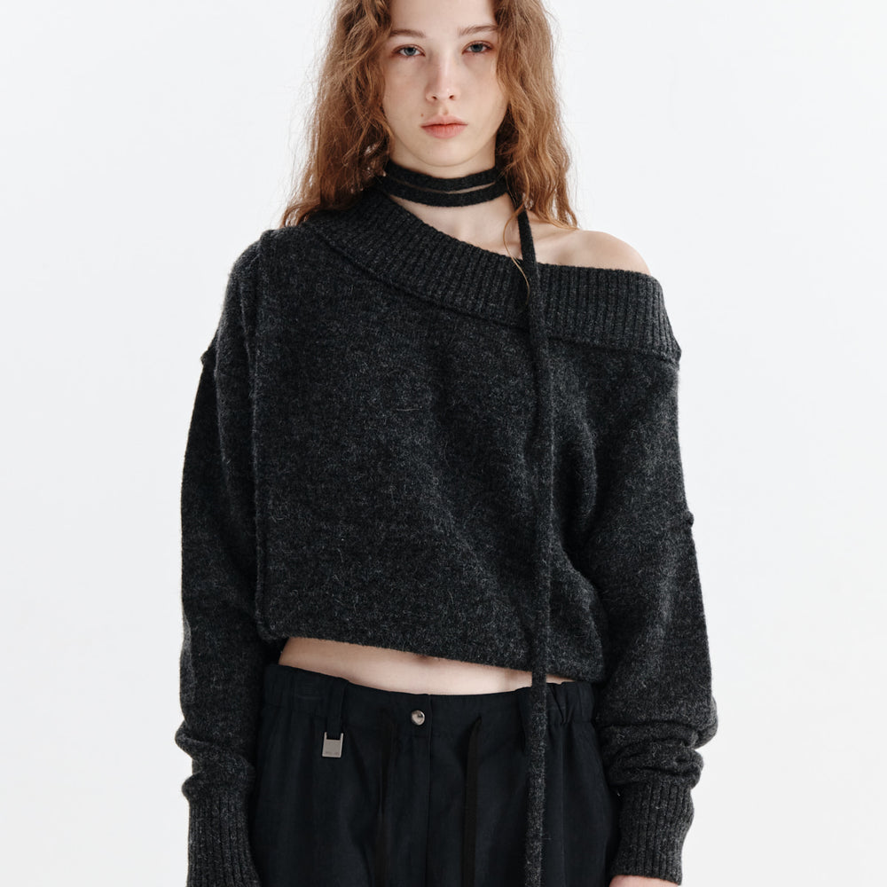 MATIN KIM OFF SHOULDER STRING KNIT PULLOVER IN CHARCOAL