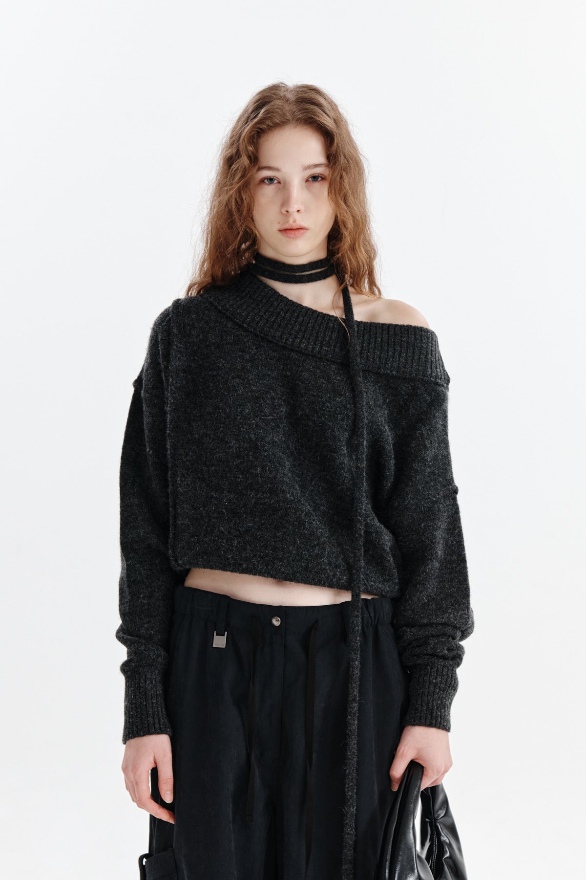 MATIN KIM OFF SHOULDER STRING KNIT PULLOVER IN CHARCOAL