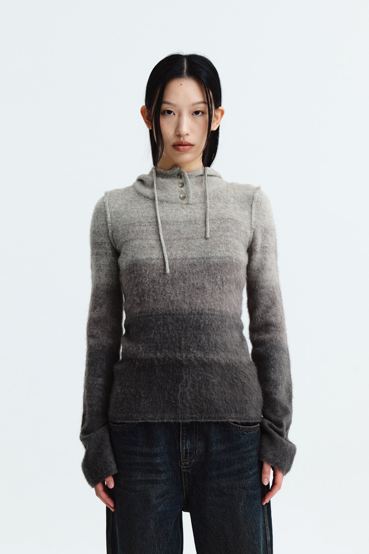 MATIN KIM STRING HOODY GRADATION KNIT TOP IN BROWN