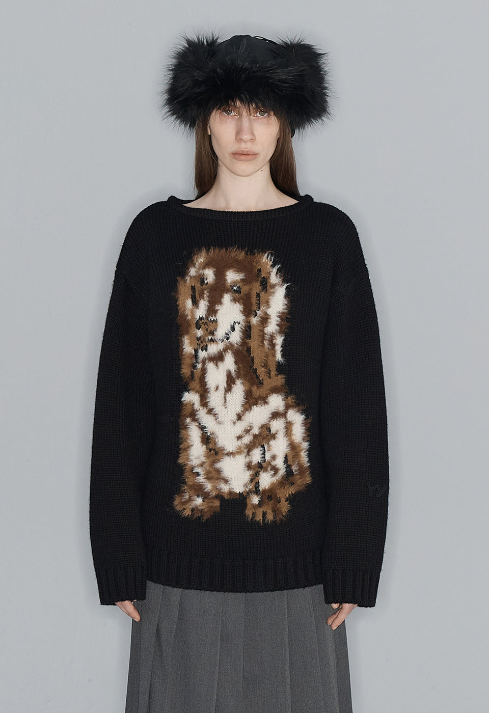 OPEN YY SHAGGY JACQUARD DOG SWEATER BLACK